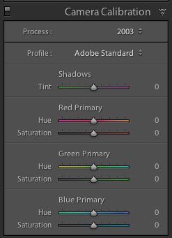 screenshot showing Lightroom Camera Calibration Settings