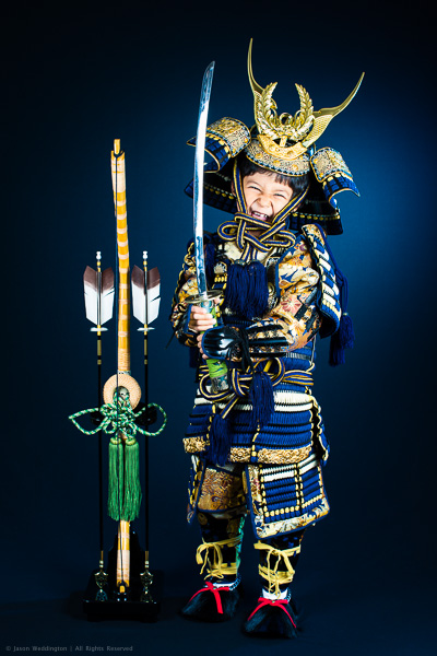 Photo of a young boy dressed as a Japanese samurai