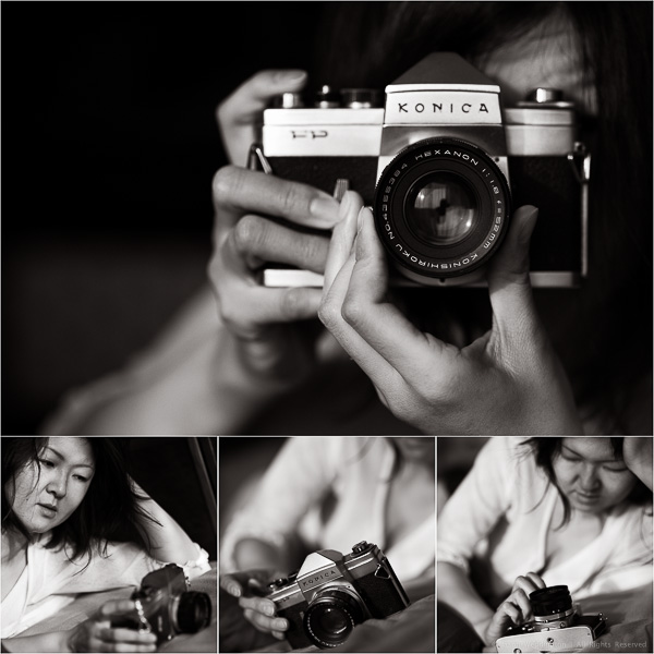 Woman playing with a classic Konica
