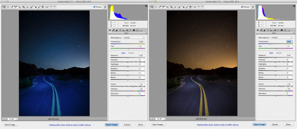 In the screen shot on the left, I adjusted the white balance to render the sky the way I wanted it- that deep indigo we normally see. In the shot on the right, I adjusted the white balance so the road looked the way I remembered it.