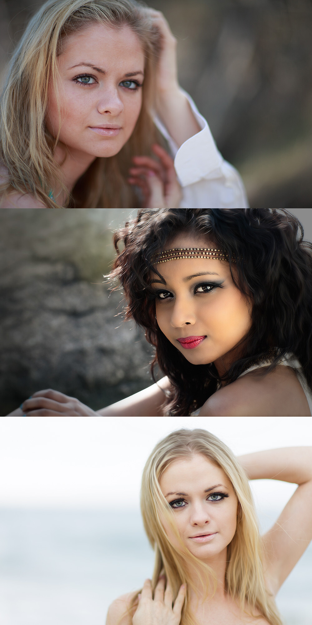 The top image here was shot wide open, at f/1.2. While the pose and expression are fine, and the lighting is adequate, I neglected to stop down far enough. The right eye is far enough out of focus that it's disconcerting to the viewer. As much as I like the shot overall, that out of focus eye bugs me. In the middle shot, which is a similar pose, I stopped down to f/5.6, which allowed both eyes to remain tack sharp. Finally, in the bottom image, I wanted that shallow depth of field, so I did shoot this one at f/1.2. However, I made sure to have Julia's eyes on the same plane, so they were both in focus, both sharp.