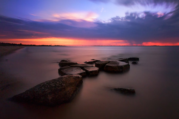 These stones sit in the bay on the north side of Fire Island. During the summer, thunderclouds move across the bay almost daily, giving nice dramatic skies. ISO 1600, f/11, 120 seconds. EOS 5D Mark III with EF 17-40mm f/4L.