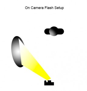 This diagram shows the lighting for the image above.  The uncoated muslin reflector is positioned above and to the left of the camera, with the flash bounced into it. Play with the angle of the reflector to get the lighting just right.