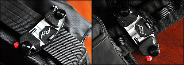 On the left, Capture attached to the shoulder strap of a Think Tank City Walker 30 camera bag. On the right, attached to a Think Tank Pro Speed Belt.