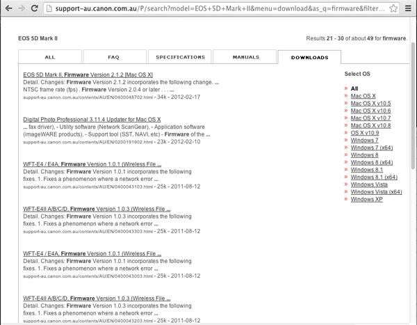 Canon firmware page