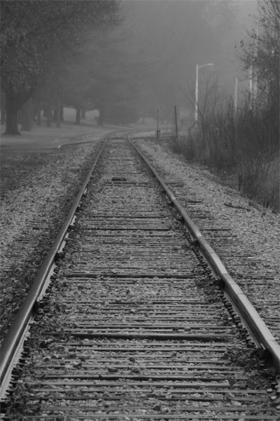 fog, foggy, morning, railroad, tracks, black and white, B&W