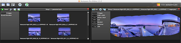 Autopano Pro - Images selected for the pano stitch on the left and a preview of the stitched image on the right