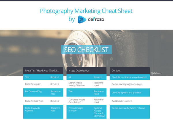 30 defrozo photography marketing cheat sheet
