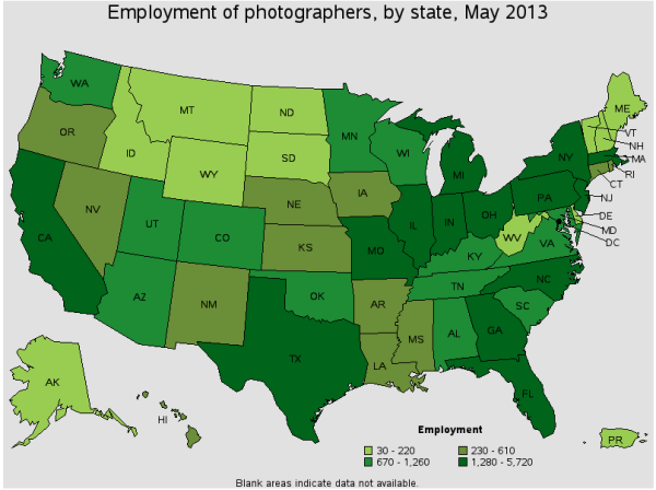 Employment of Photographers by State according to the US Department of Labor Statistics