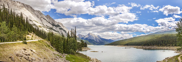 Final edited panoramic image of Medicine Lake in the Canadian Rockies