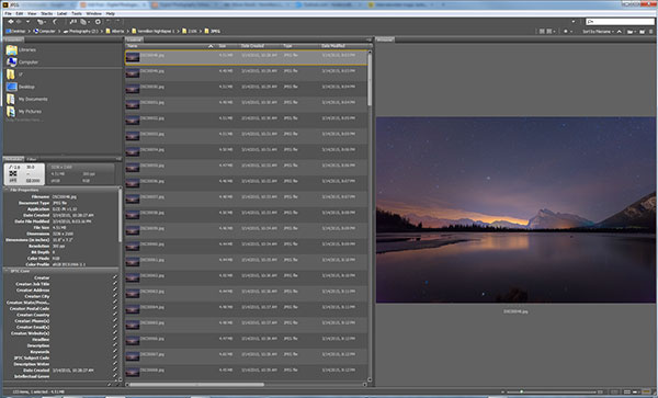 Adobe Bridge lets us quickly preview our star trails timelapse.