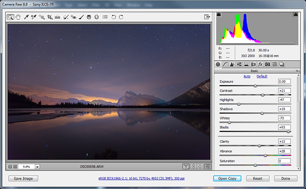 Adobe Camera Raw for processing star trails in Photoshop