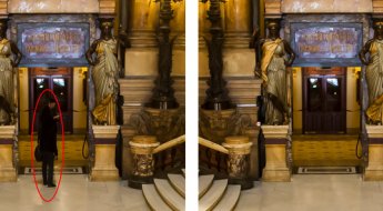 Here I've zoomed in on a portion of another shot of the Opera Garnier. Use the patterns on the floor and door to recreate the space where you clone over the people.