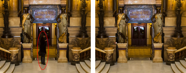 Here I've zoomed in on a portion of another shot of the Opera Garnier. Use the patterns on the floor and door to recreate the space where you clone over the people.