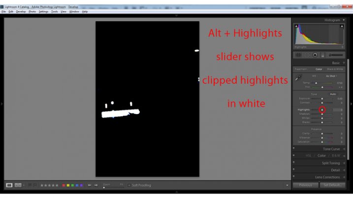 Alt + clicking on the Highlights slider shows clipped highlights