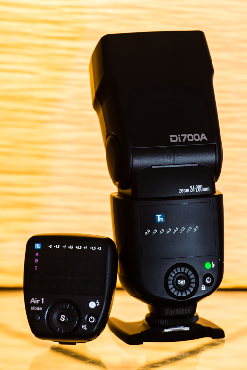 The Nissin Di700A speedlight shown with the Air 1 wireless commander.