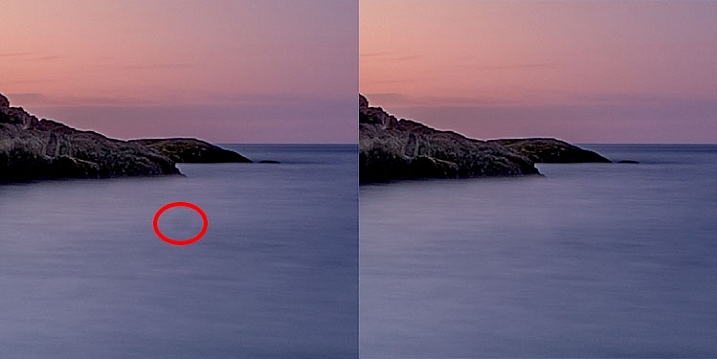 I had a few dust spots on my sensor. This one in the water, circled in red, did not respond well to the Spot Healing Brush, so I used the Cloning Stamp to sample and area of the water and stamp it over the dust spot.