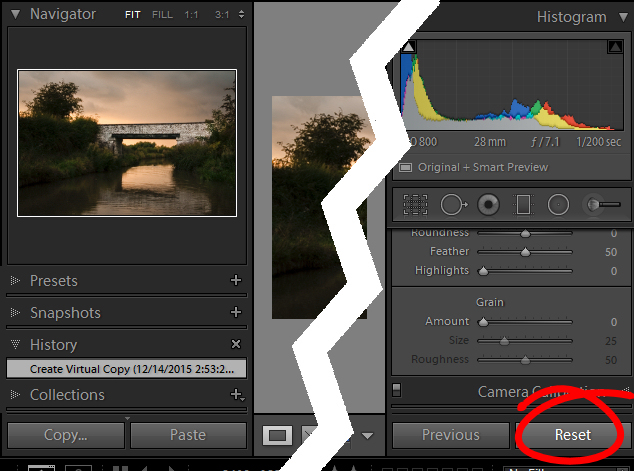 reset a virtual copy to the original image state in Lightroom
