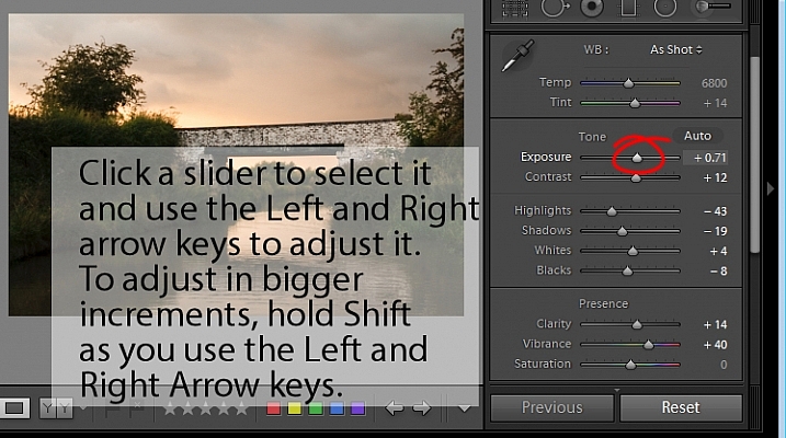 adjust Lightroom sliders using the arrow keys