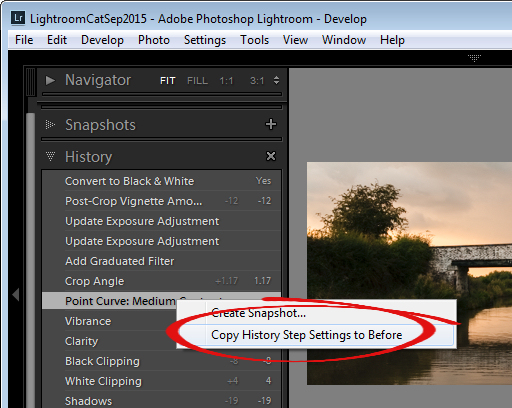 change the starting point for a before/after comparison in Lightroom