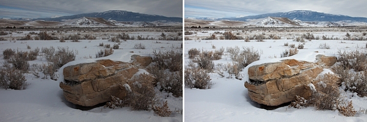 A snowy scene frequently confuses your camera's meter. To the left is a shot taken at normal exposure. To the right is one taken after adding in a stop of exposure compensation (overexposure).