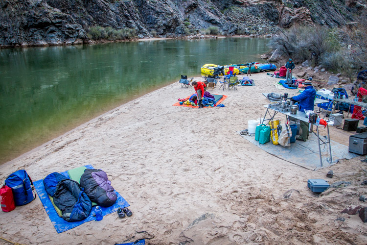 Sometimes you can carry a lot of gear, as you can see from this camp along the Colorado River in the Grand Canyon, but even here every pound has to be loaded and unloaded daily.