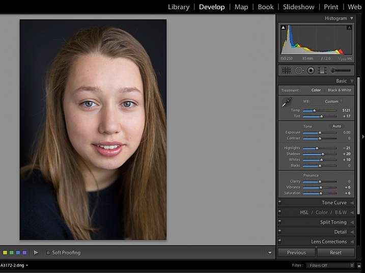 Image showing basic portrait editing in Lightroom