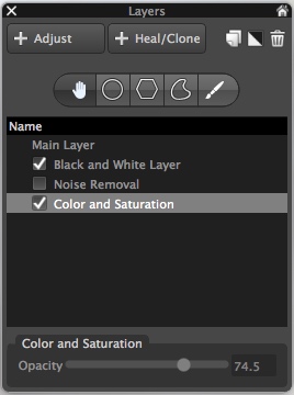 Layers contain a set of edits and can be made more or less opaque, and enabled or disabled at will.