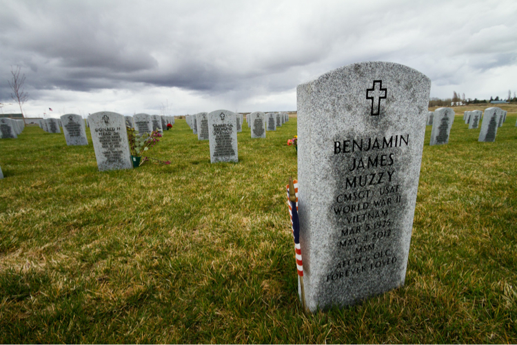 Military tombstones and flags located in Eastern Washington, USA