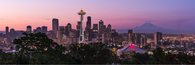 Sunrise view of Seattle, Washington and Mount Rainier