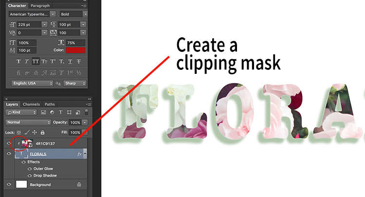 Add a clipping mask to the image layer (Menu option - layer -> create clipping mask). The image will automatically appear behind the text and the effect will be seen through the text.