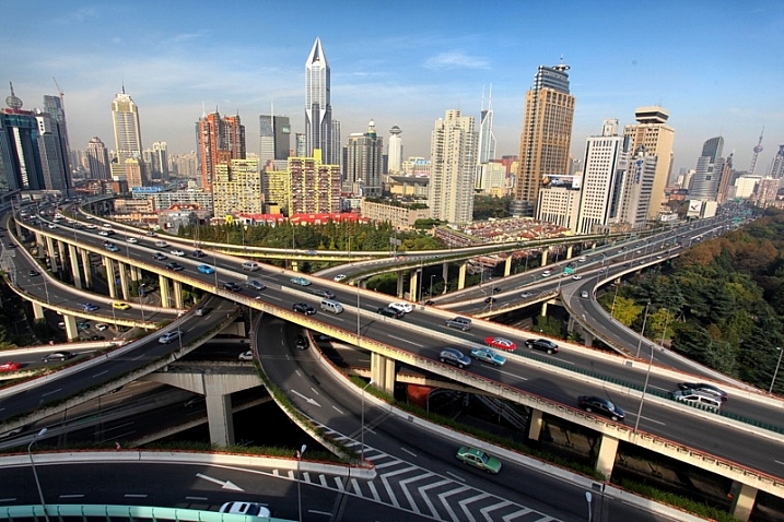 This is a wide angle photo of a famous road junction in Shanghai.