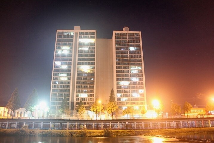 This is a good example of a lone building with lights on.