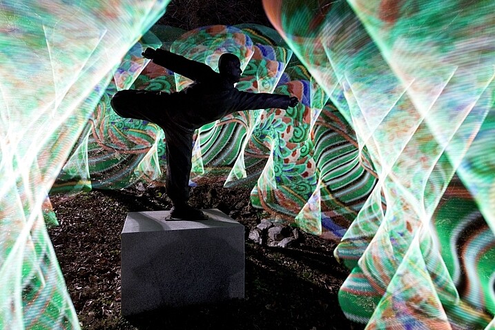 In this photo the statue of a buddhist grandmaster has been light painted around using traditional Korean patterns as the light source.