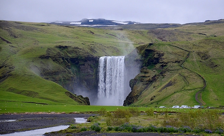 NEAR SKOGAR, ICELAND - JUN 19: Skogafoss waterfall on June 19, 2015, was in the film The Secret Life of Walter Mitty in 2013.